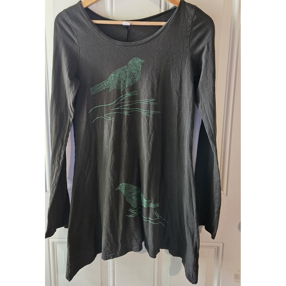 Soul Flower Women's Medium Green Organic Cotton Bird Graphic Long Sleeve Boho...